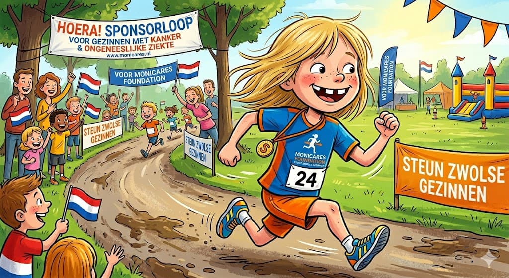 Illustratie van een kind dat een sponsorloop loopt voor de Monicares Foundation, met spandoeken 'Hoera! Sponsorloop voor gezinnen met kanker' en 'Steun Zwolse gezinnen'.